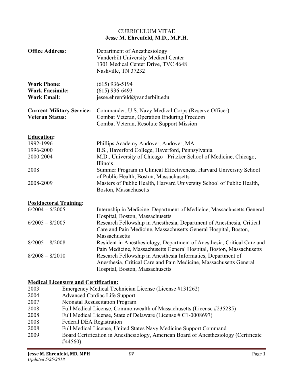 CURRICULUM VITAE Jesse M. Ehrenfeld, MD, MPH Office Address