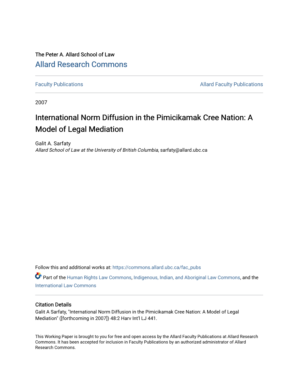 International Norm Diffusion in the Pimicikamak Cree Nation: a Model of Legal Mediation