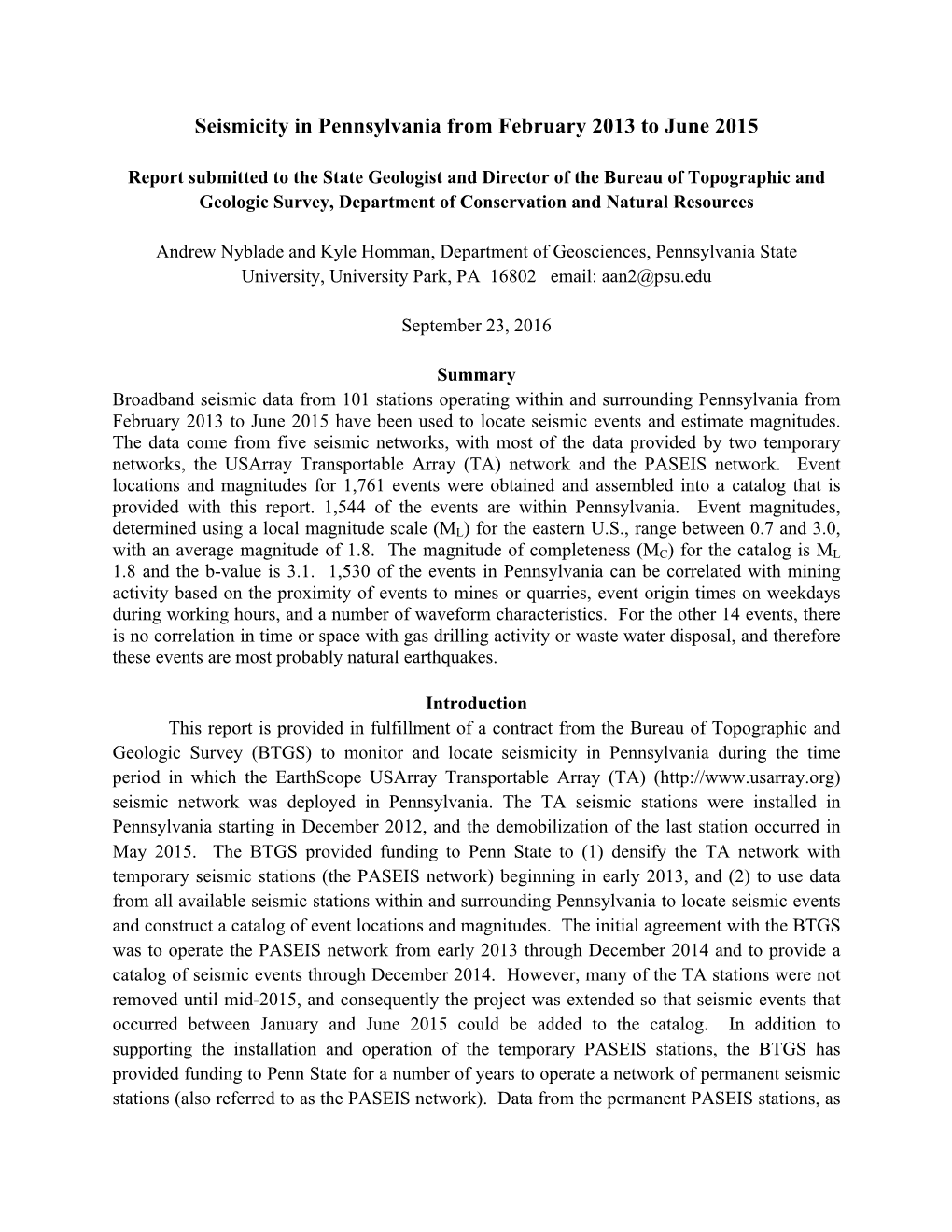 Report Submitted to the State Geologist and Director of the Bureau of Topographic and Geologic Survey, Department of Conservation and Natural Resources