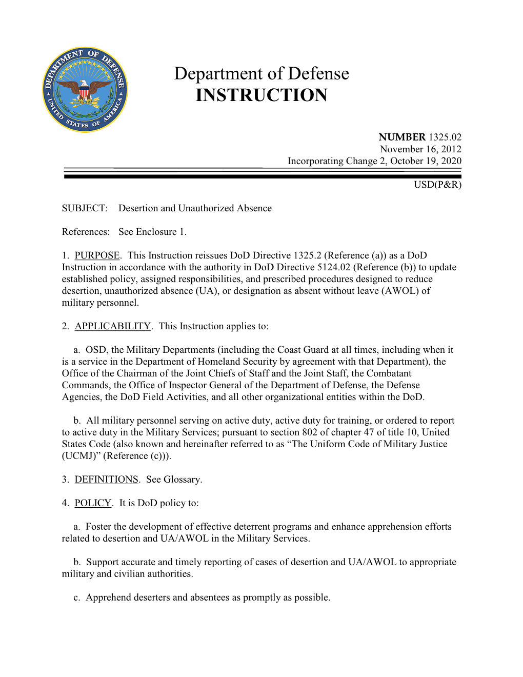 Dodi 1325.02, "Desertion and Unauthorized Absence," Effective