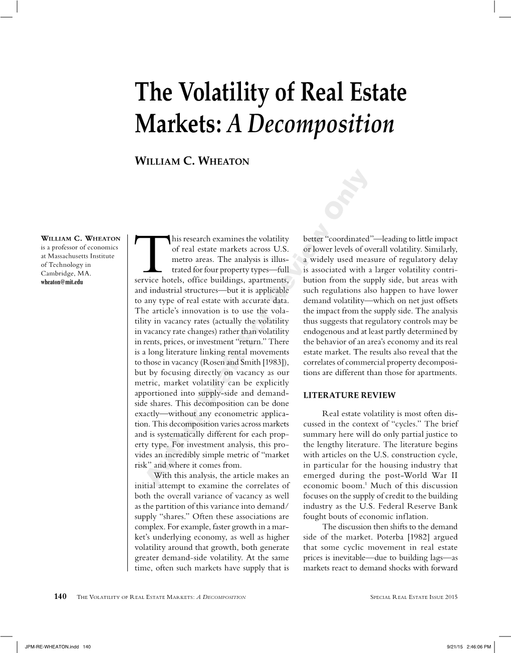 The Volatility of Real Estate Markets: a Decomposition