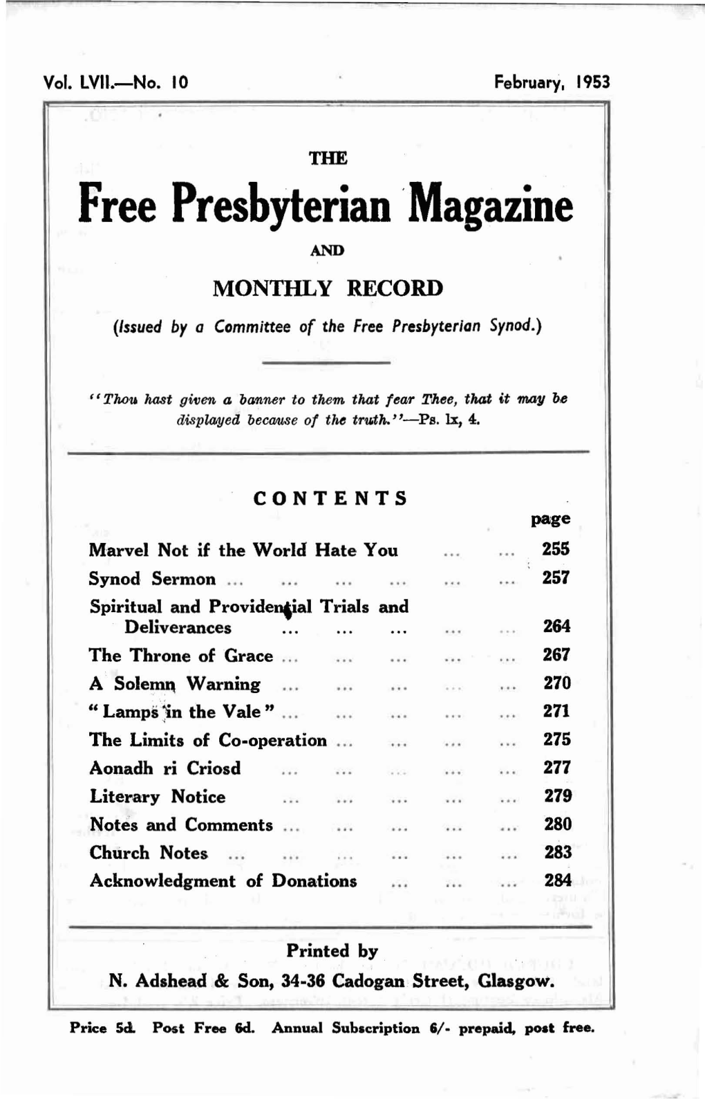 Magazine and MONTHLY RECORD (Issued by a Committee of the Free Presbyterian Synod.)