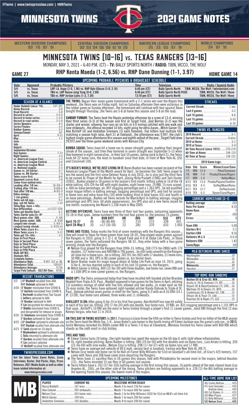 Twins Notes, 5-3 Vs