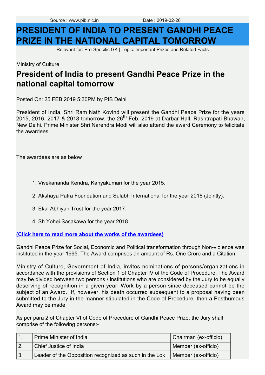 PRESIDENT of INDIA to PRESENT GANDHI PEACE PRIZE in the NATIONAL CAPITAL TOMORROW Relevant For: Pre-Specific GK | Topic: Important Prizes and Related Facts