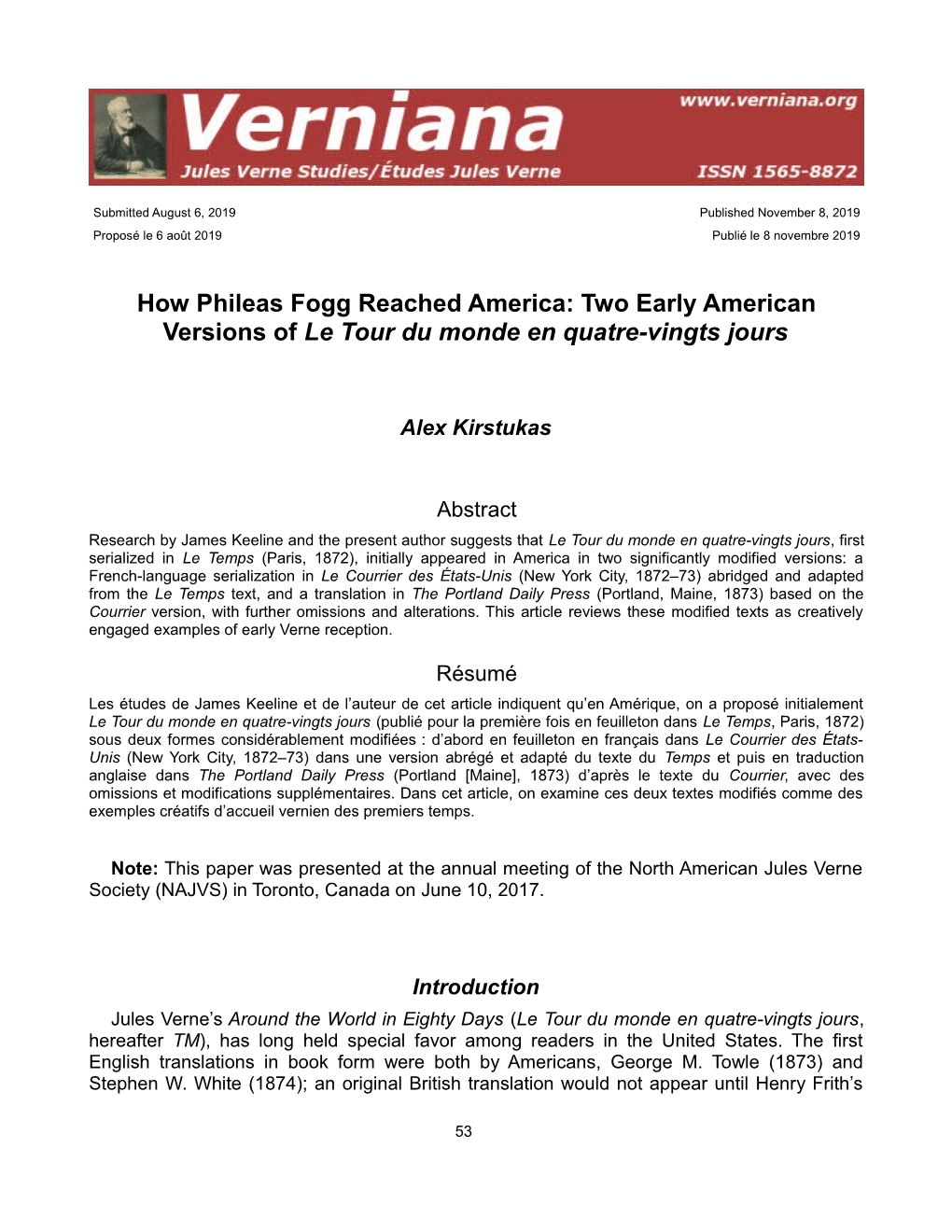 How Phileas Fogg Reached America: Two Early American Versions of Le Tour Du Monde En Quatre-Vingts Jours