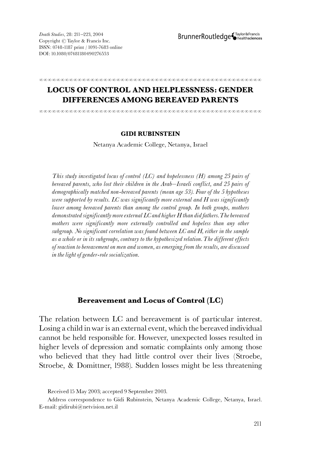 Locus of Control and Helplessness: Gender Differences Among Bereaved Parents