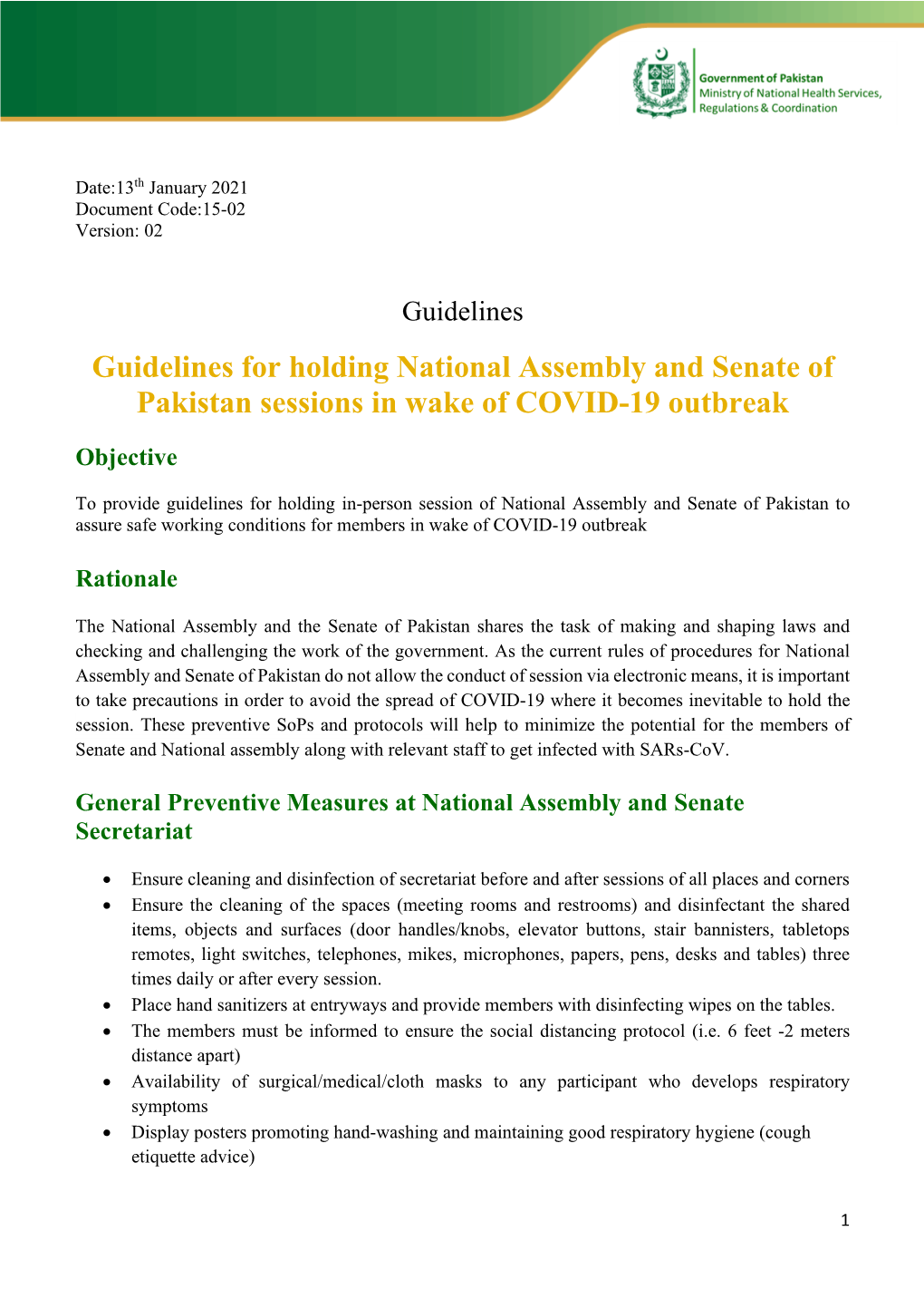 Guidelines for Holding National Assembly and Senate of Pakistan Sessions in Wake of COVID-19 Outbreak