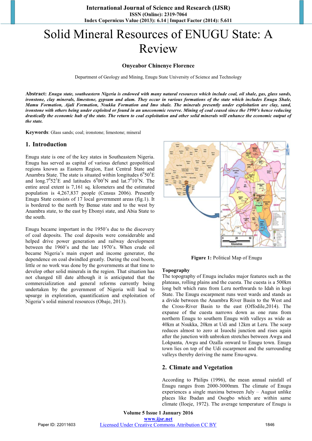 Solid Mineral Resources of ENUGU State: a Review