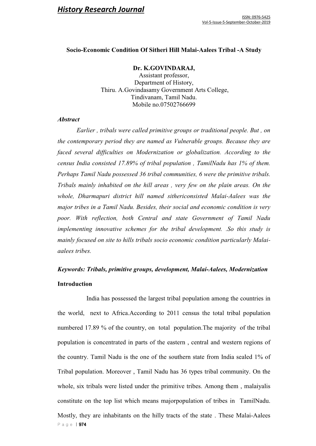 History Research Journal ISSN: 0976-5425 Vol-5-Issue-5-September-October-2019