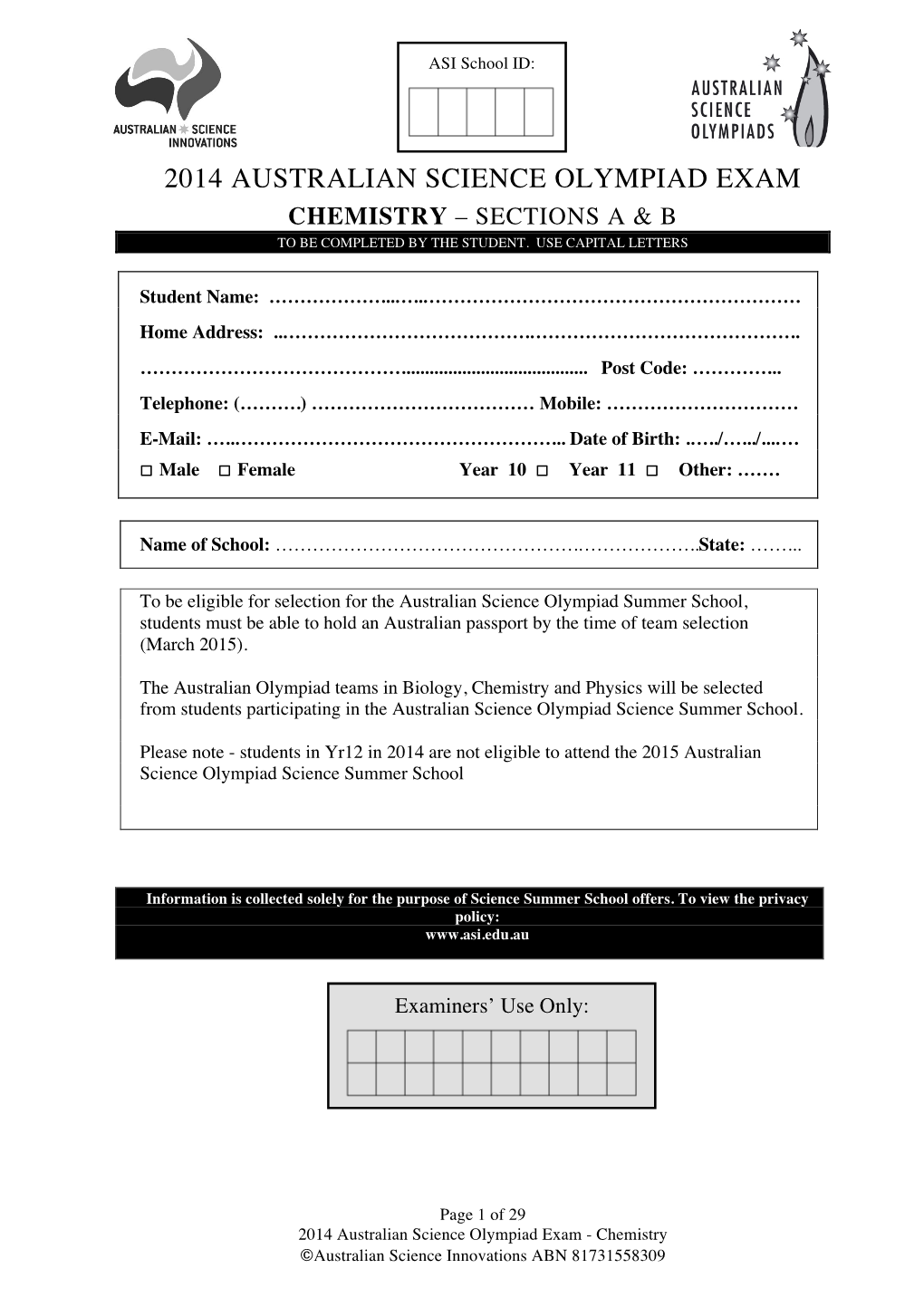 2014 Australian Science Olympiad Exam Chemistry – Sections a & B to Be Completed by the Student