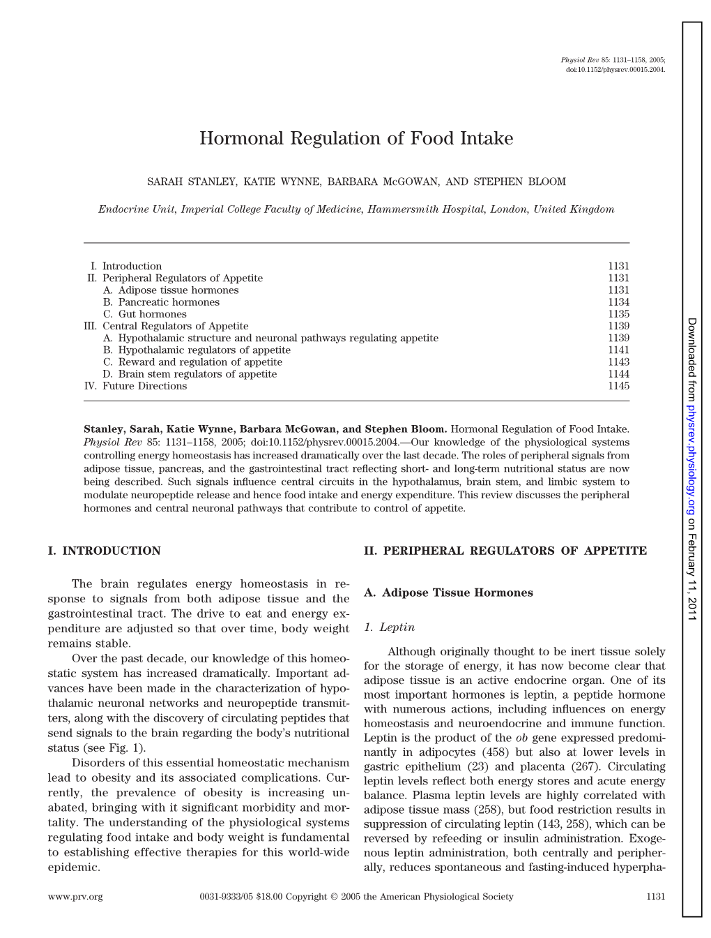 Hormonal Regulation of Food Intake