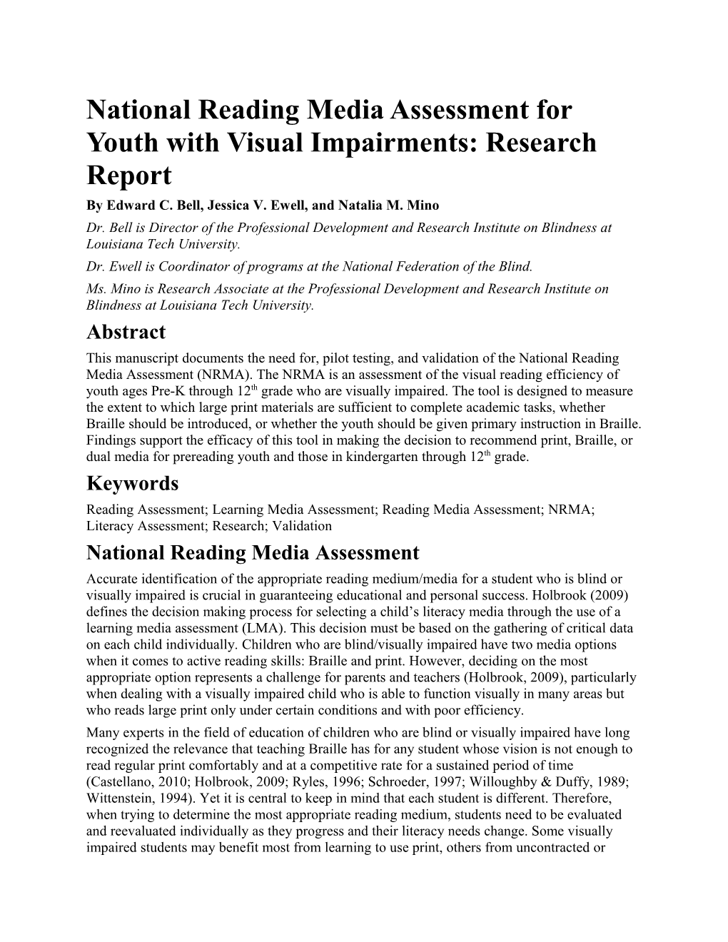 National Reading Media Assessment for Youth with Visual Impairments: Research Report