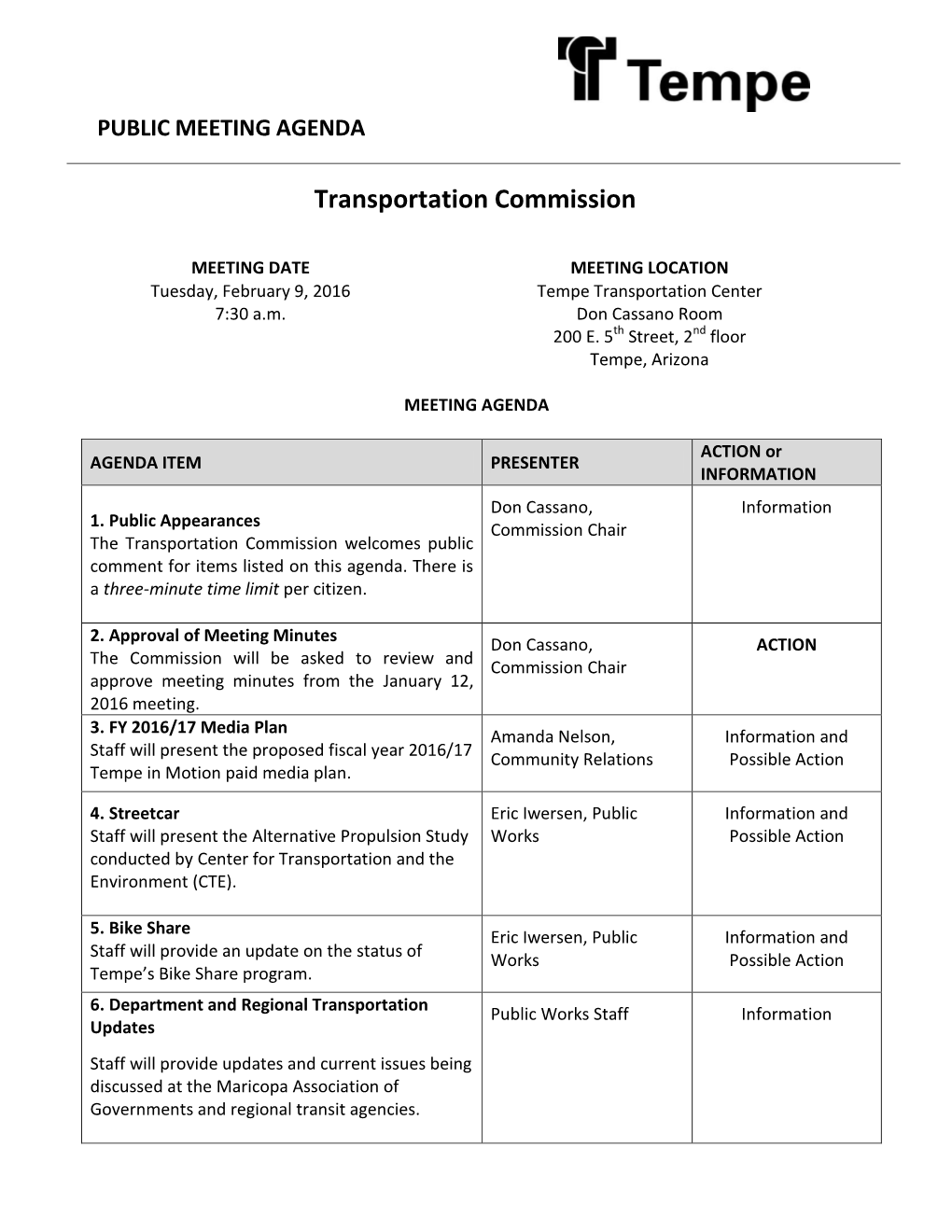 PUBLIC MEETING AGENDA Transportation Commission