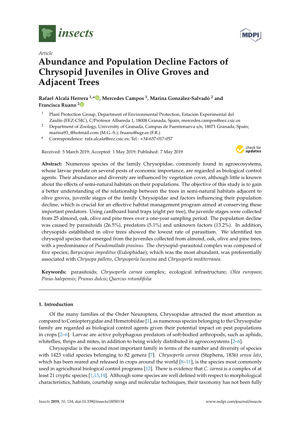 Abundance and Population Decline Factors of Chrysopid Juveniles in Olive Groves and Adjacent Trees