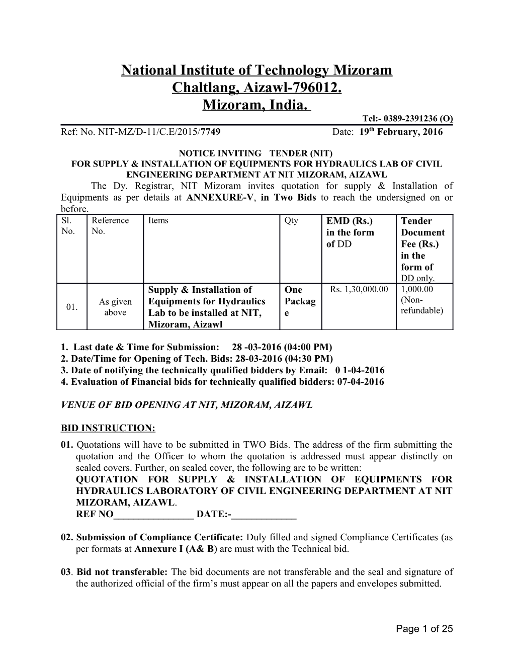 National Institute of Technology Mizoram Chaltlang, Aizawl-796012. Mizoram, India s1