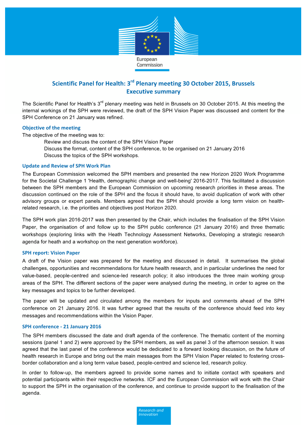 Scientific Panel for Health: 3Rd Plenary Meeting 30 October 2015, Brussels Executive Summary