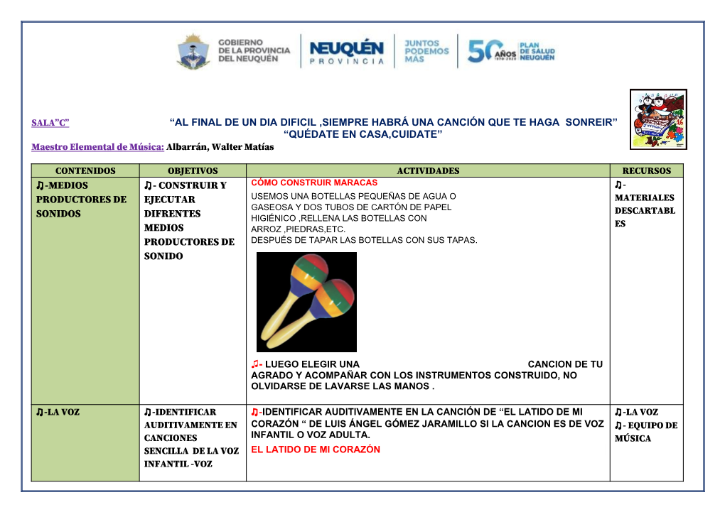 AL FINAL DE UN DIA DIFICIL ,SIEMPRE HABRÁ UNA CANCIÓN QUE TE HAGA SONREIR” “QUÉDATE EN CASA,CUIDATE” Maestro Elemental De Música: Albarrán, Walter Matías