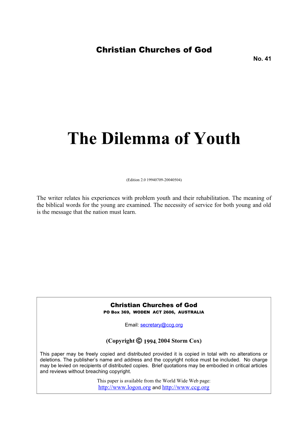 The Dilemma of Youth (No. 41)