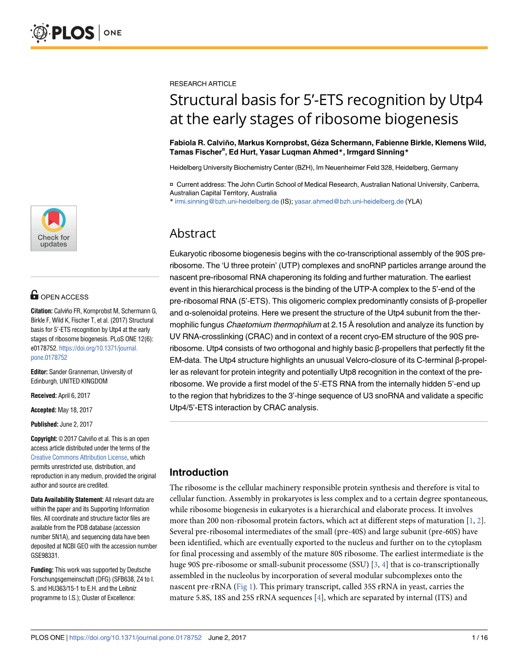 ETS Recognition by Utp4 at the Early Stages of Ribosome Biogenesis