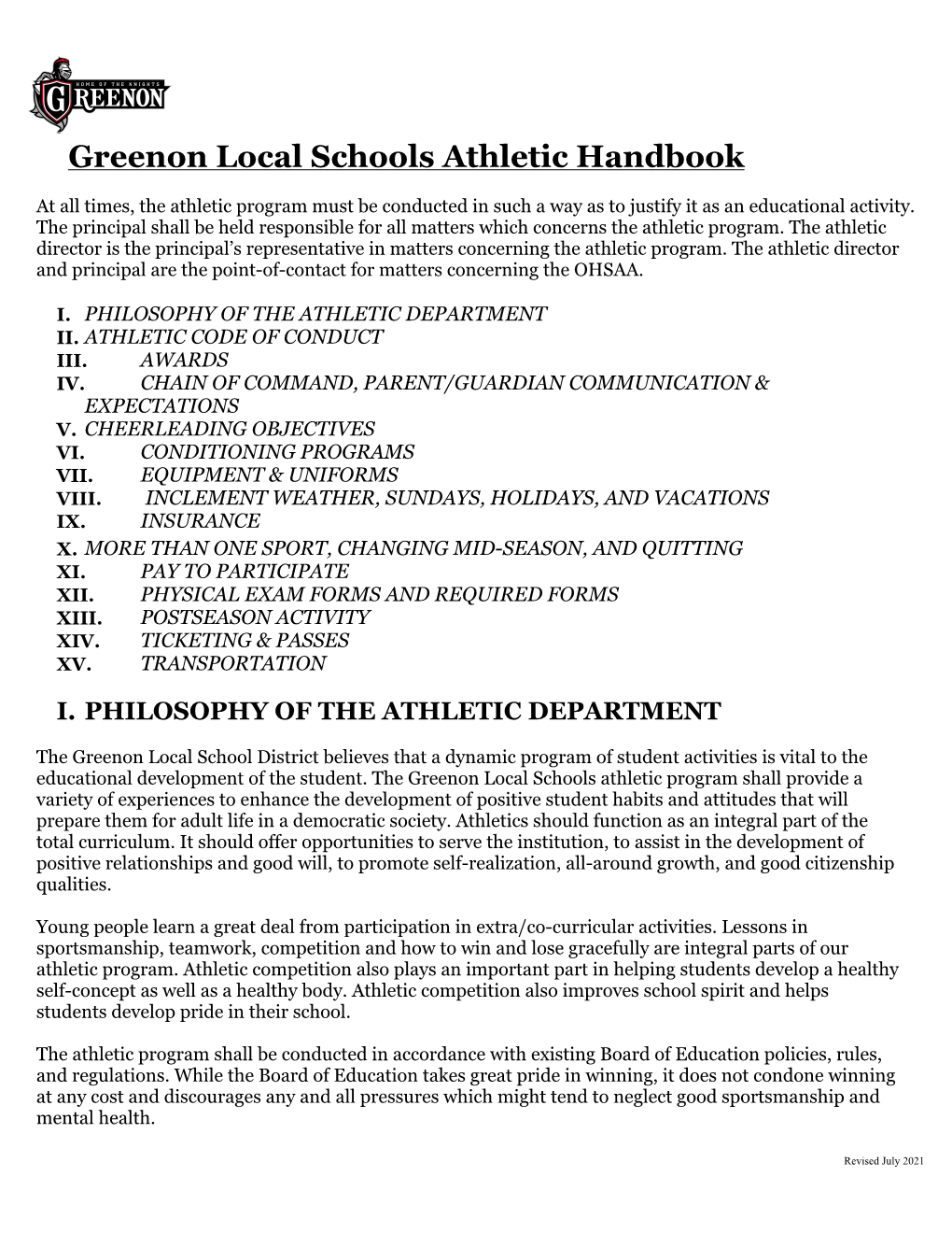 2019-2020 Greenon Athletic Handbook ADMINISTRATION OF