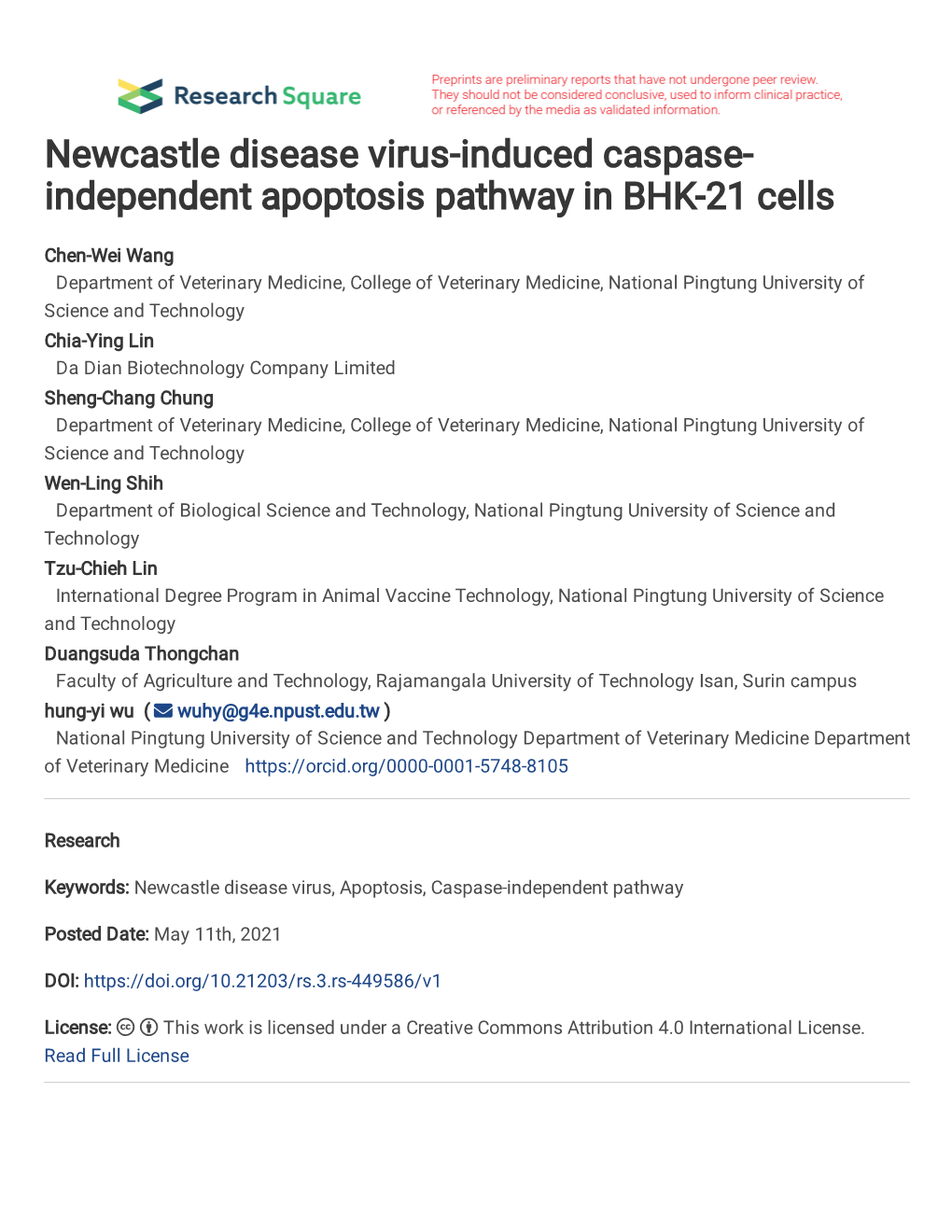 Newcastle Disease Virus-Induced Caspase- Independent Apoptosis Pathway in BHK-21 Cells