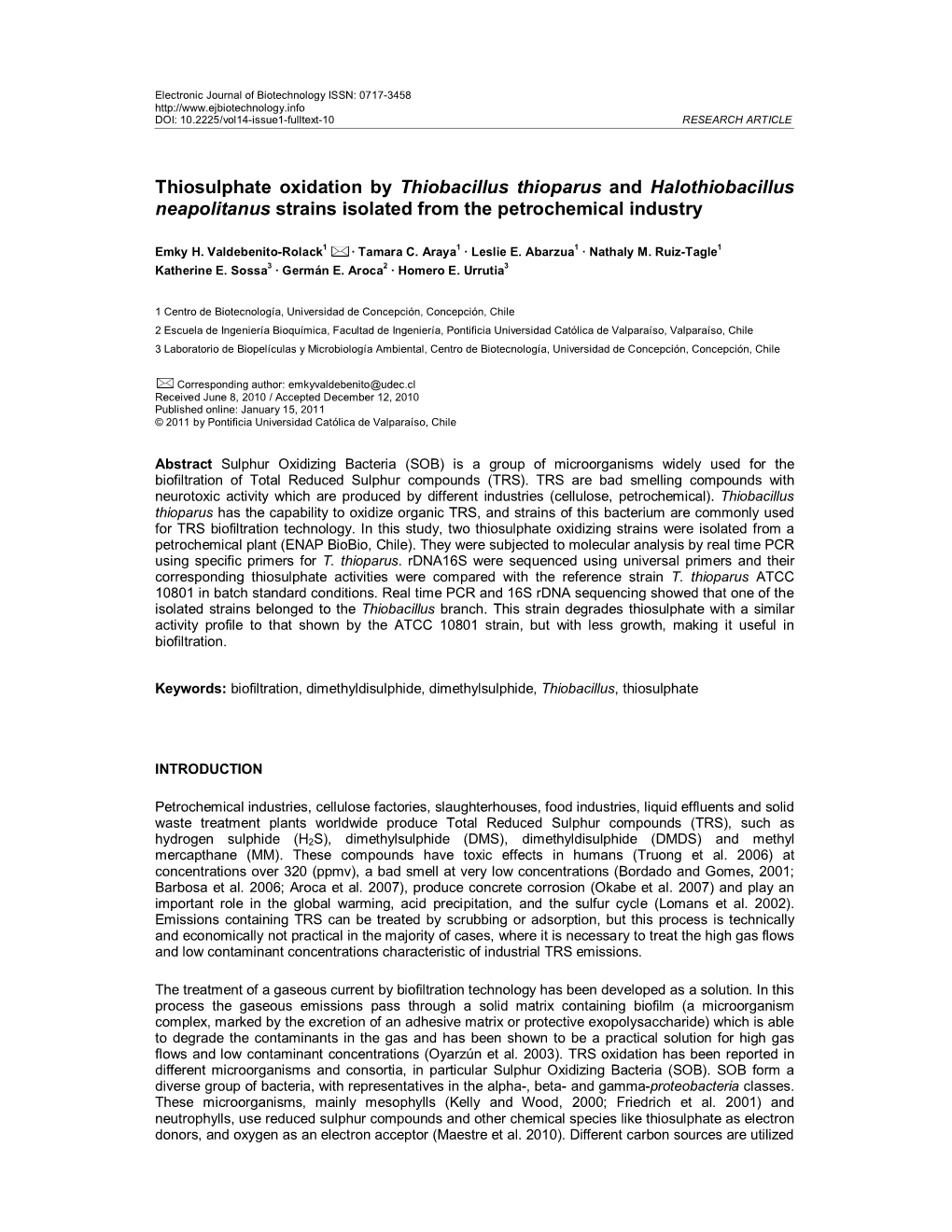 Thiosulphate Oxidation by Thiobacillus Thioparus and Halothiobacillus Neapolitanus Strains Isolated from the Petrochemical Industry