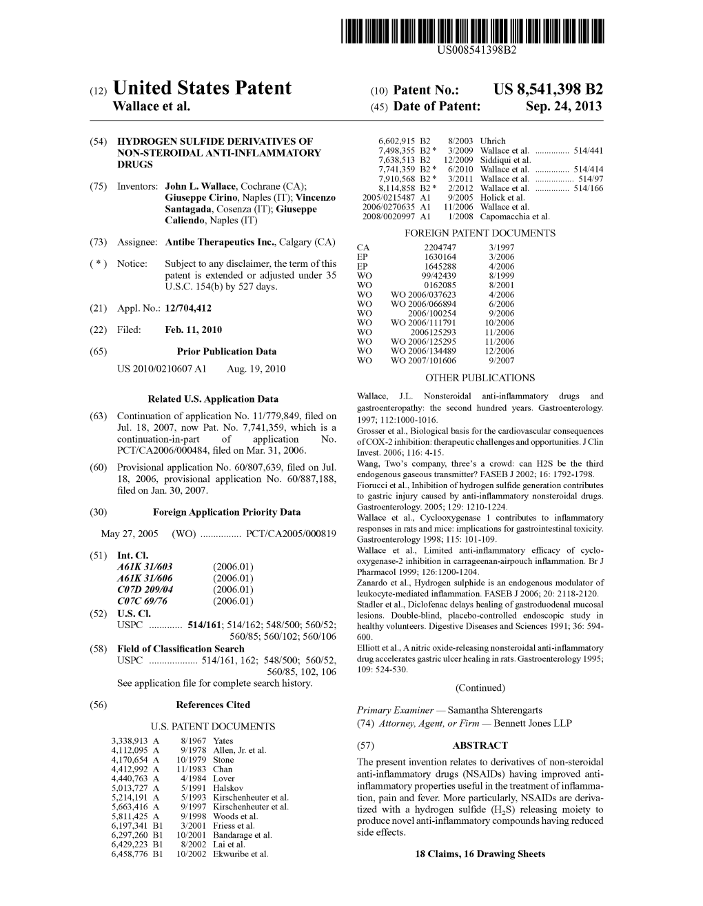 (12) United States Patent (10) Patent No.: US 8,541,398 B2 Wallace Et Al