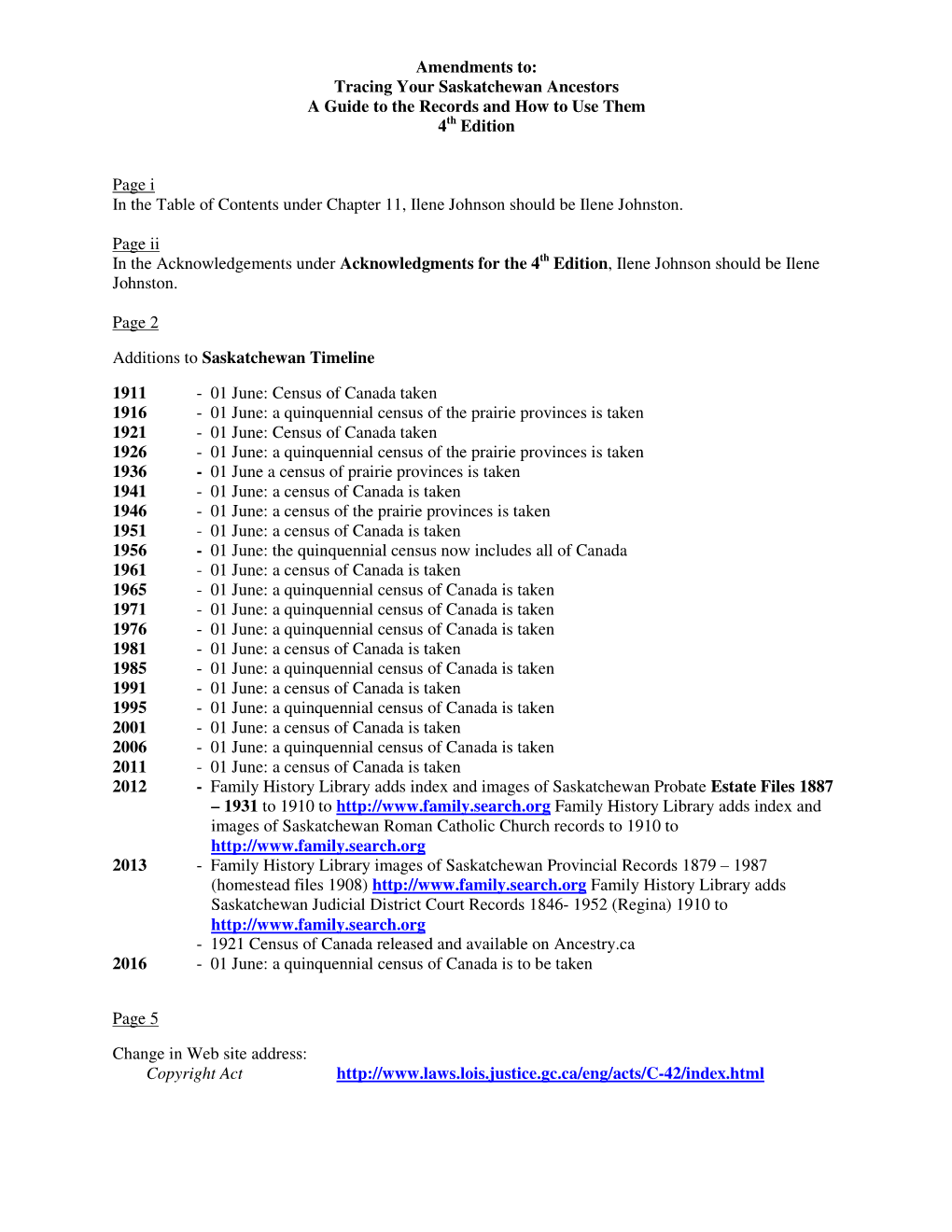 Amendments To: Tracing Your Saskatchewan Ancestors a Guide to the Records and How to Use Them 4Th Edition