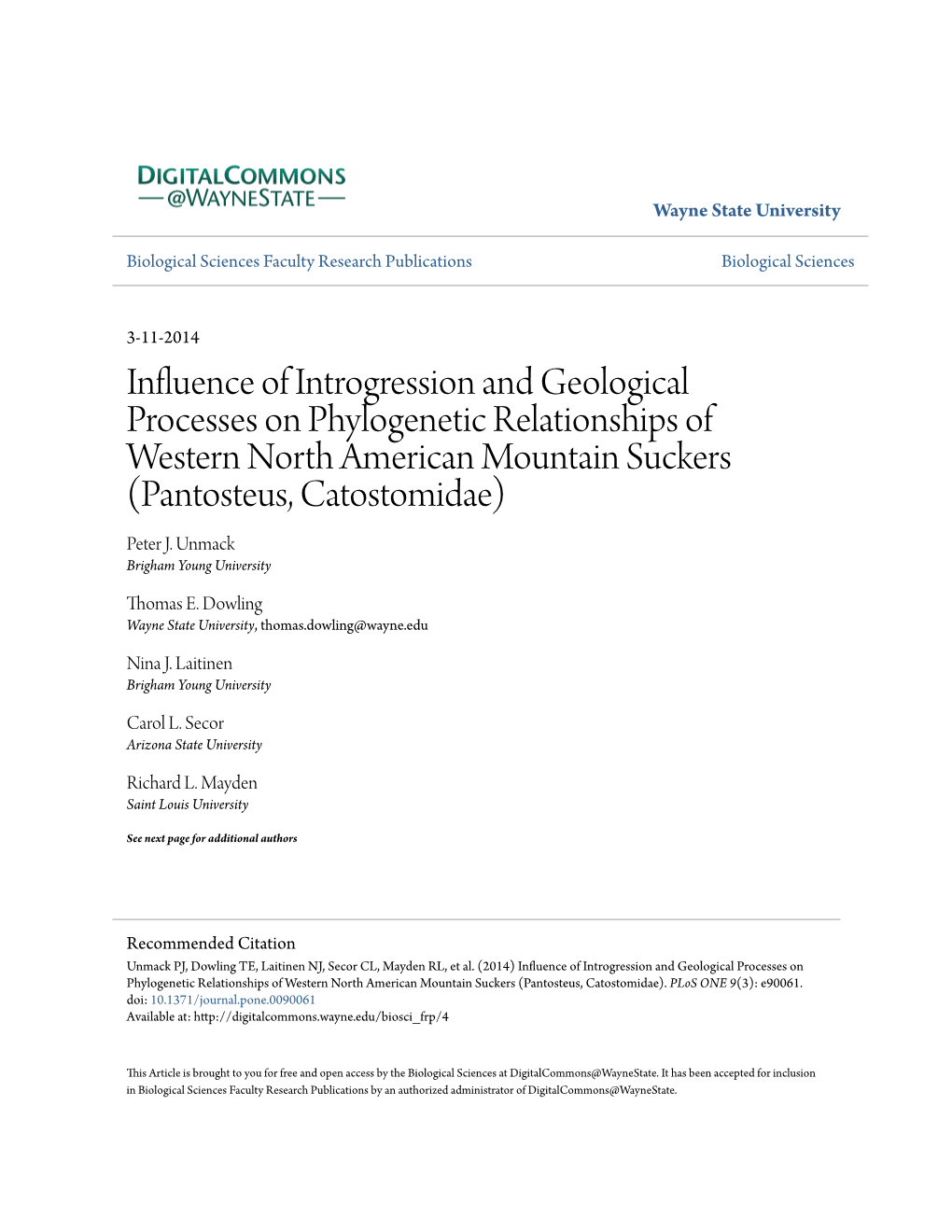 Influence of Introgression and Geological Processes on Phylogenetic Relationships of Western North American Mountain Suckers (Pantosteus, Catostomidae) Peter J
