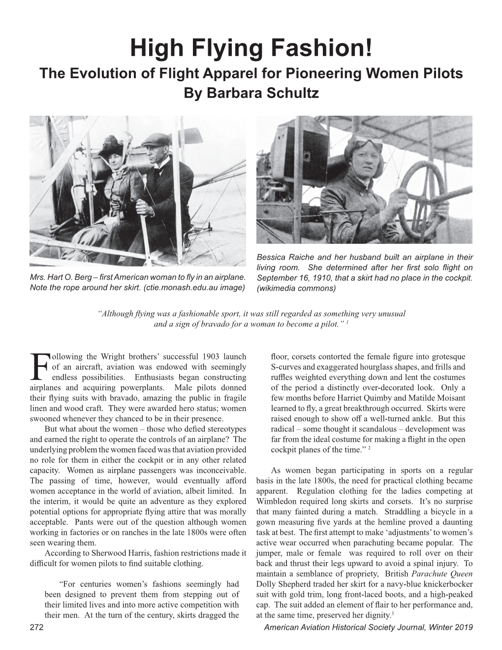 High Flying Fashion! the Evolution of Flight Apparel for Pioneering Women Pilots by Barbara Schultz