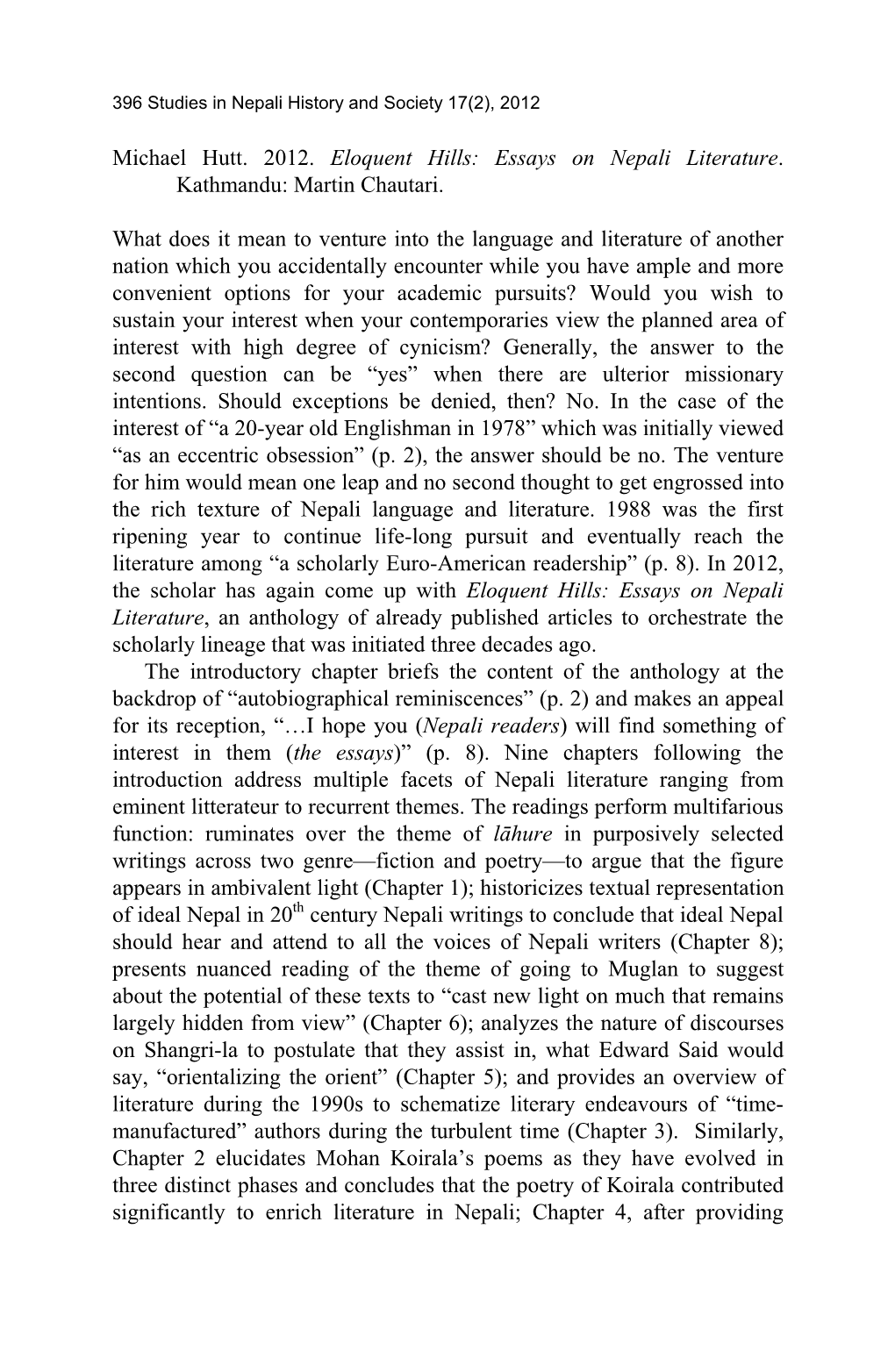 Michael Hutt. 2012. Eloquent Hills: Essays on Nepali Literature
