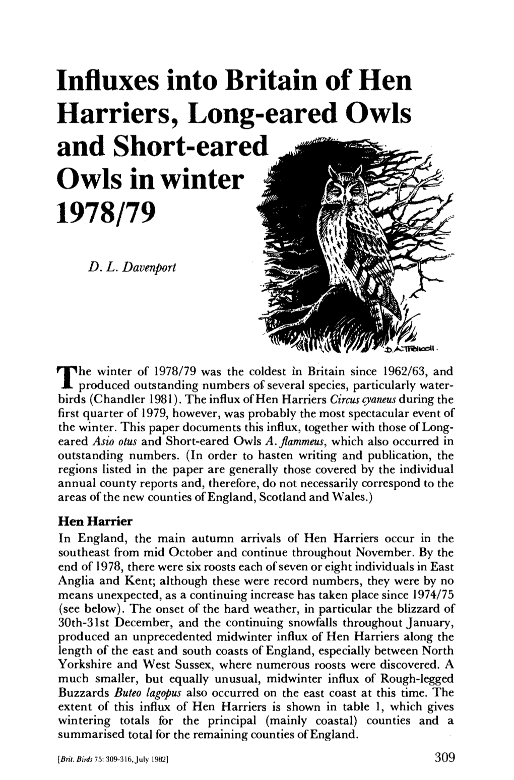 Influxes Into Britain of Hen Harriers, Long-Eared Owls and Short-Eared Owls in Winter 1978/79
