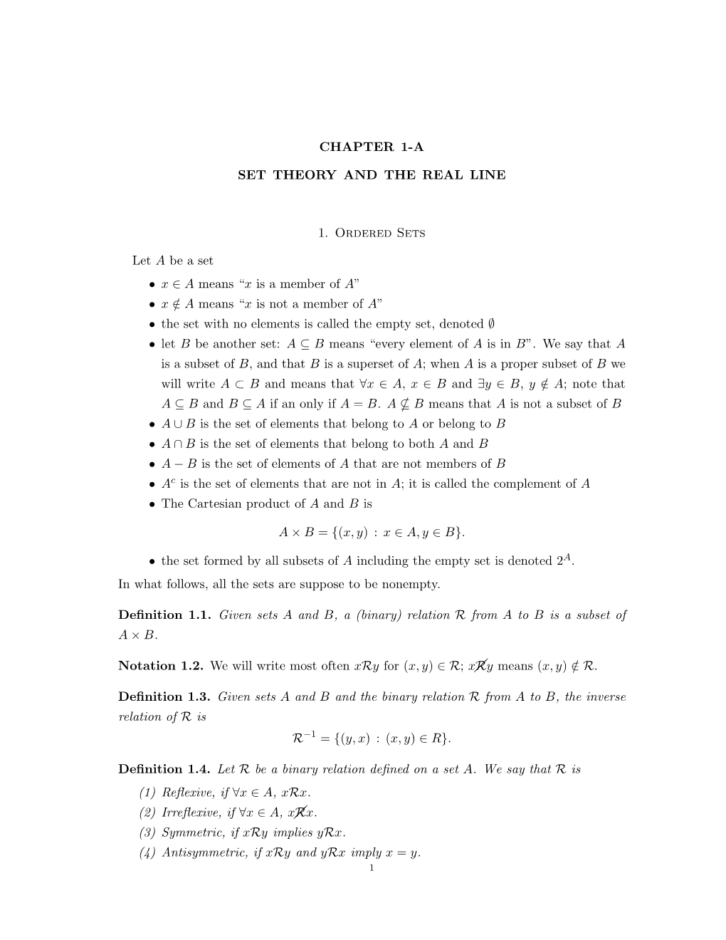 CHAPTER 1-A SET THEORY and the REAL LINE 1. Ordered Sets