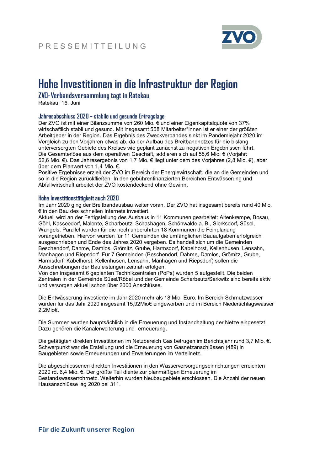 Hohe Investitionen in Die Infrastruktur Der Region ZVO-Verbandsversammlung Tagt in Ratekau Ratekau, 16