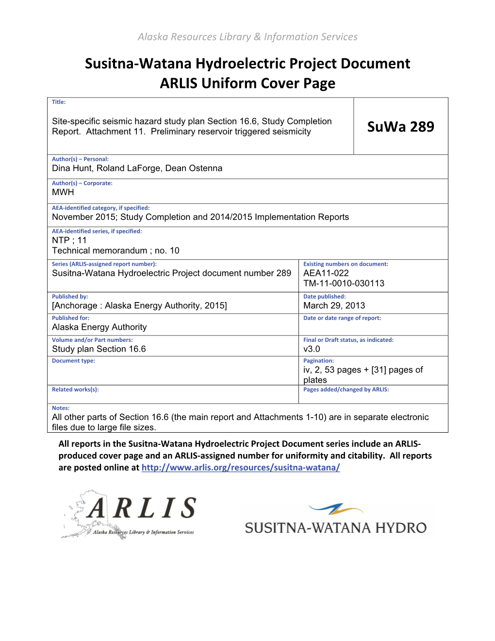 Preliminary Reservoir Triggered Seismicity Suwa 289