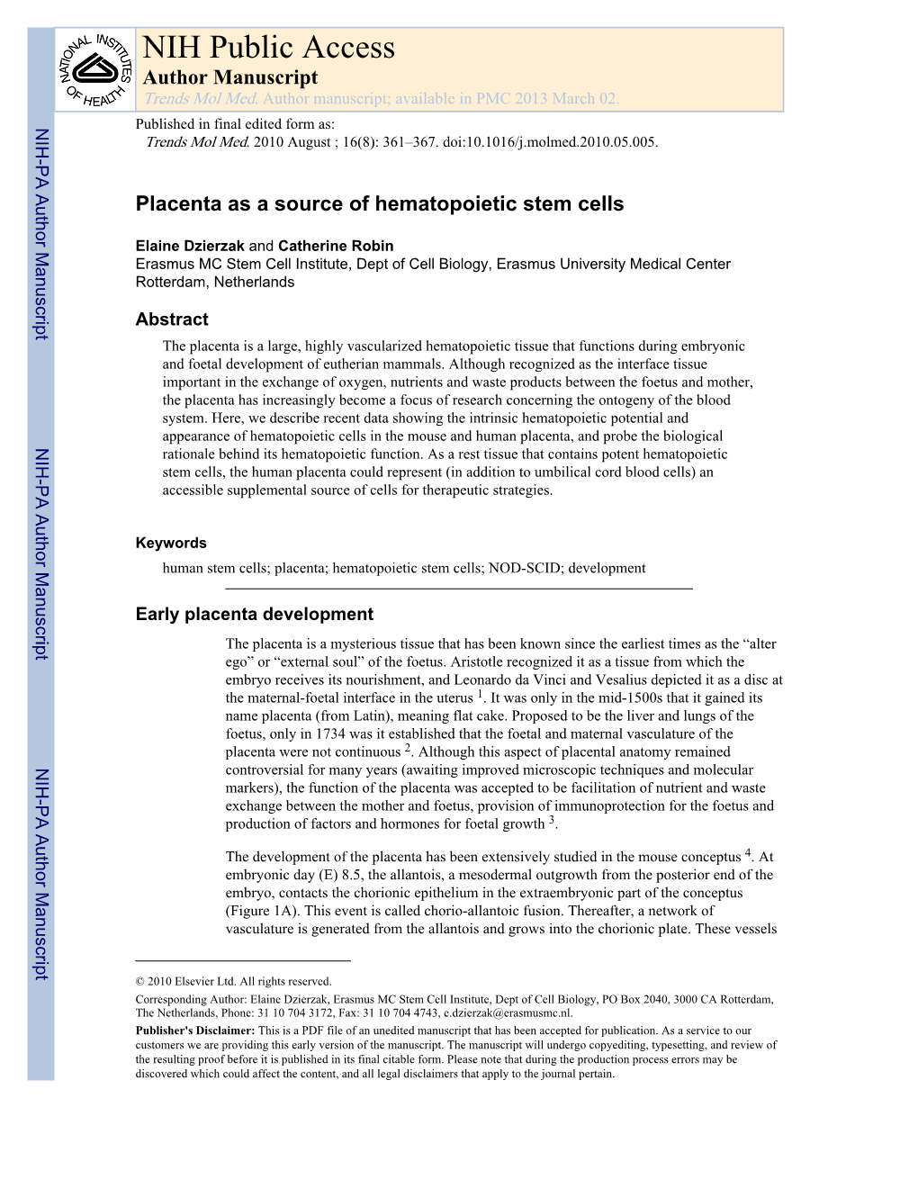 Placenta As a Source of Hematopoietic Stem Cells