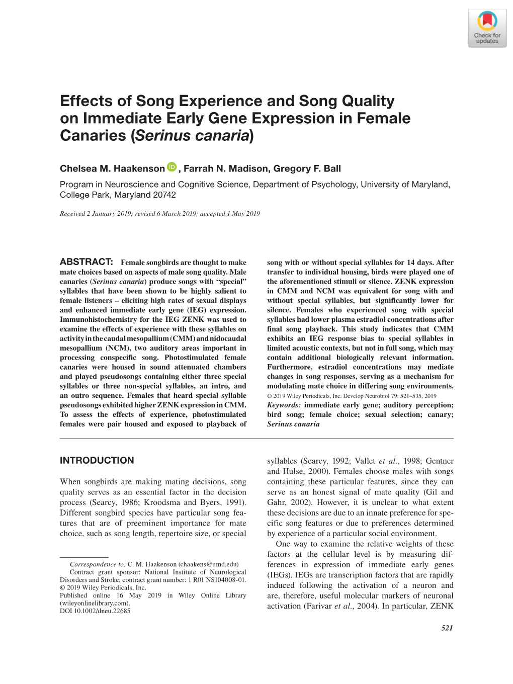 Effects of Song Experience and Song Quality on Immediate Early Gene Expression in Female Canaries (Serinus Canaria)