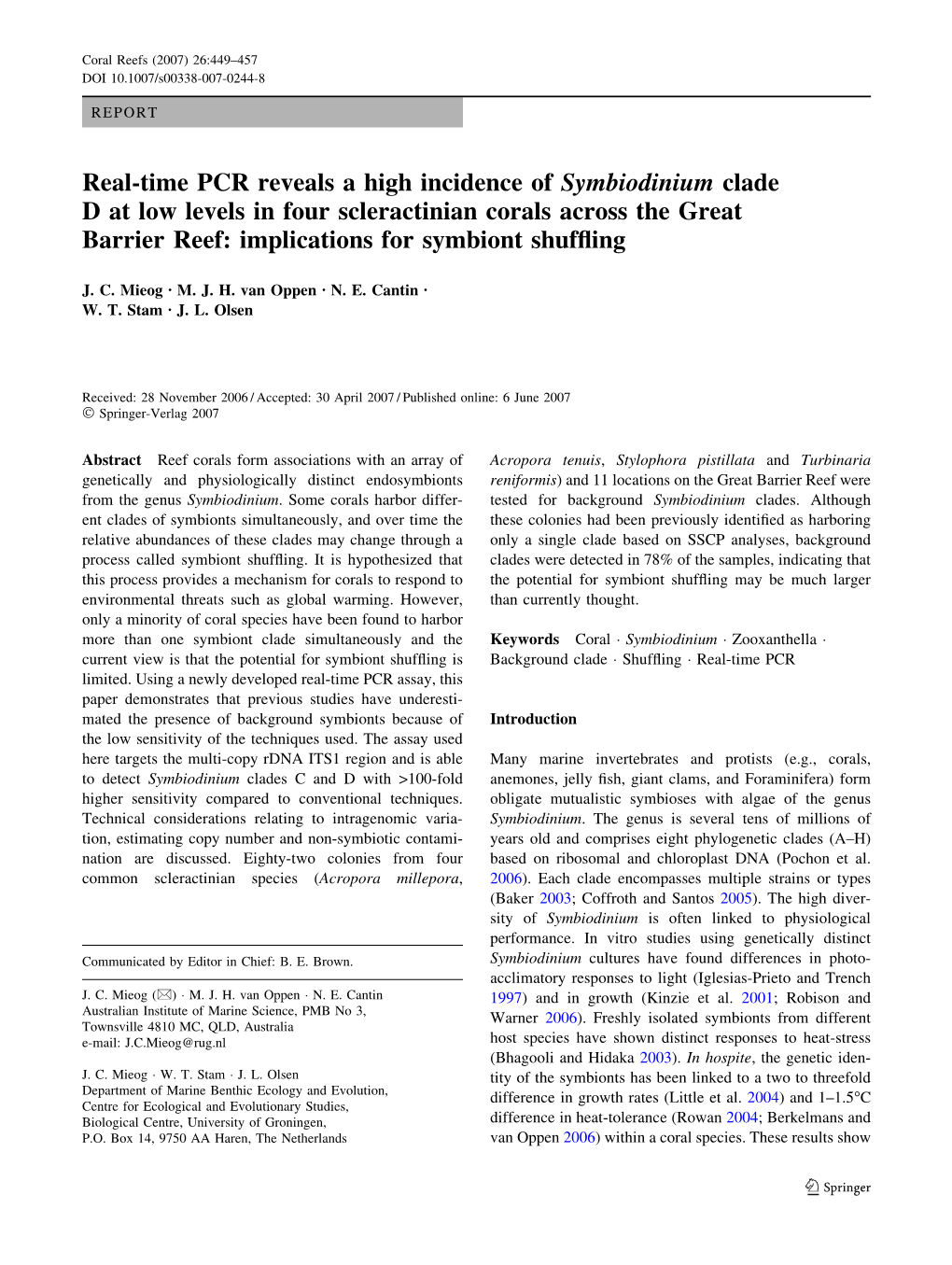 Real-Time PCR Reveals a High Incidence of Symbiodinium Clade D