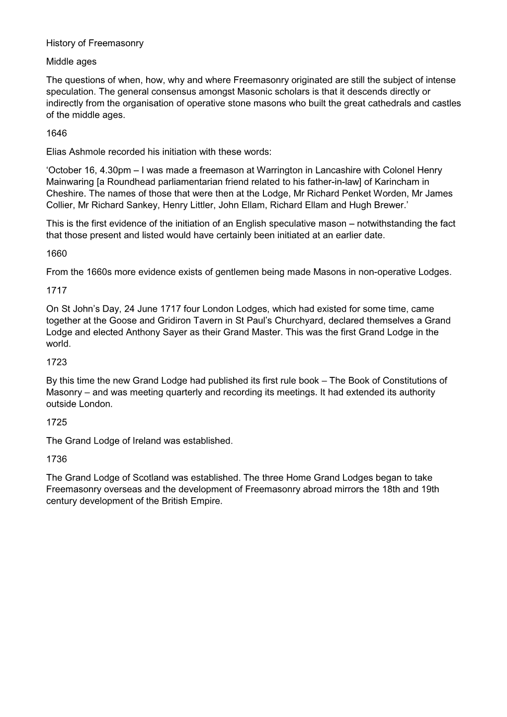 History of Freemasonry Middle Ages the Questions of When, How, Why and Where Freemasonry Originated Are Still the Subject of Intense Speculation