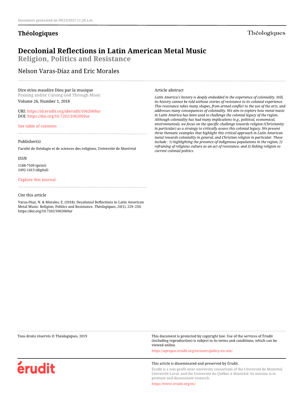 Decolonial Reflections in Latin American Metal Music Religion, Politics and Resistance Nelson Varas-Díaz and Eric Morales