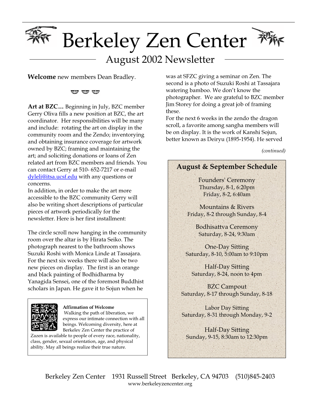 Berkeley Zen Center August 2002 Newsletter