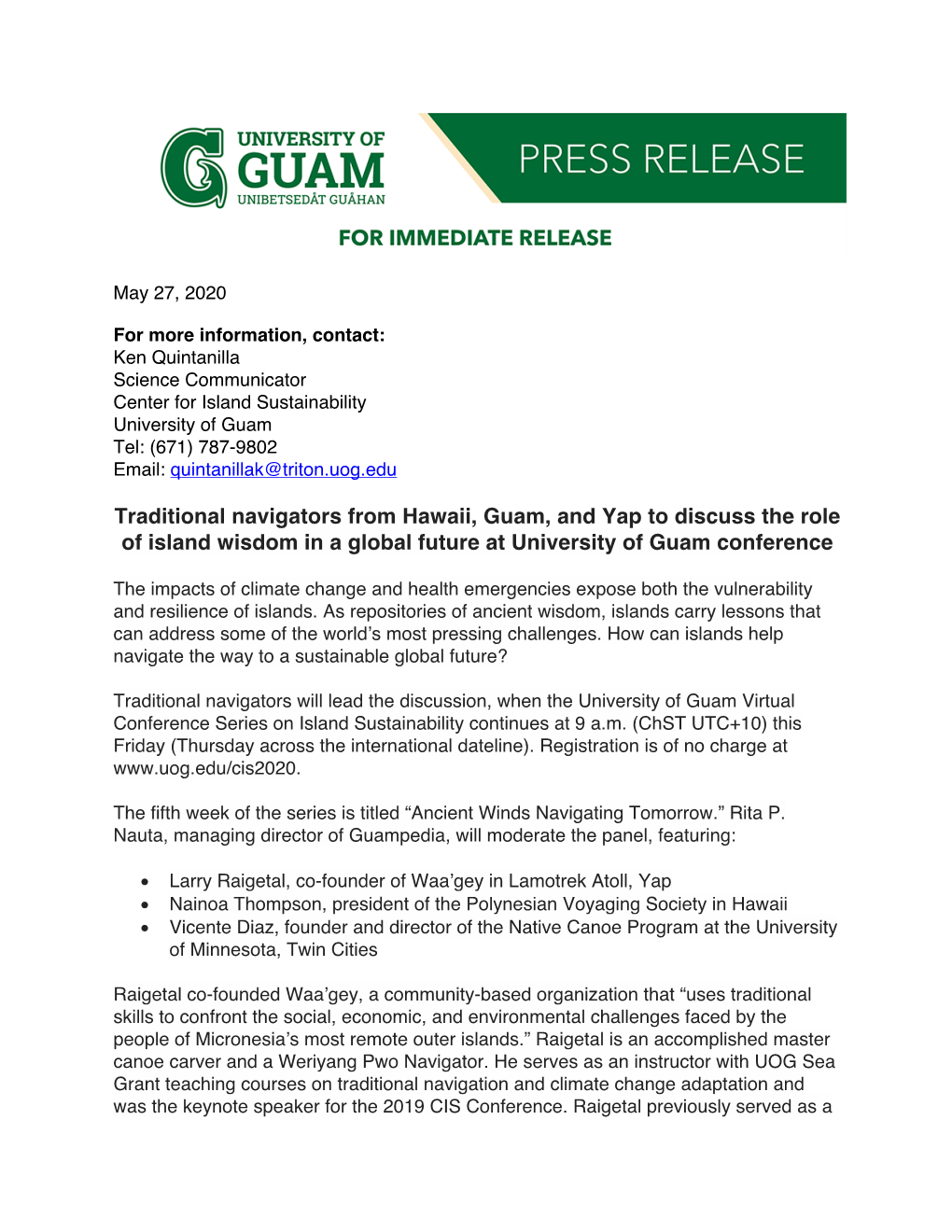 Traditional Navigators from Hawaii, Guam, and Yap to Discuss the Role of Island Wisdom in a Global Future at University of Guam Conference