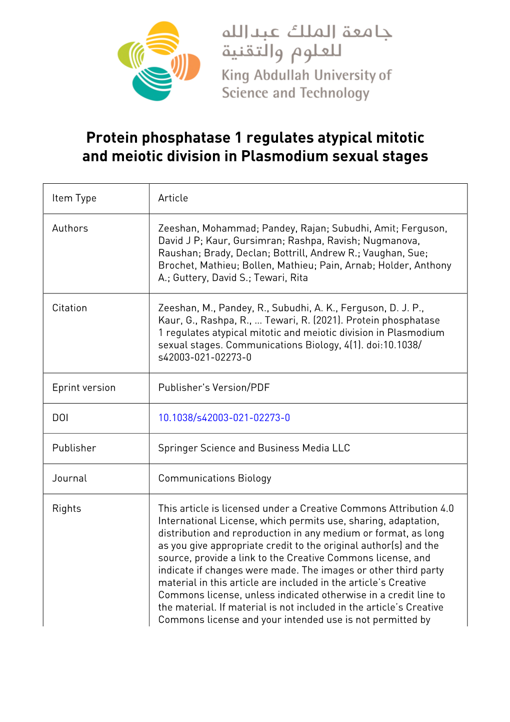 Protein Phosphatase 1 Regulates Atypical Mitotic and Meiotic Division in Plasmodium Sexual Stages