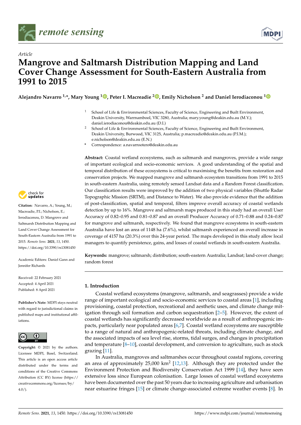 Mangrove and Saltmarsh Distribution Mapping and Land Cover Change Assessment for South-Eastern Australia from 1991 to 2015