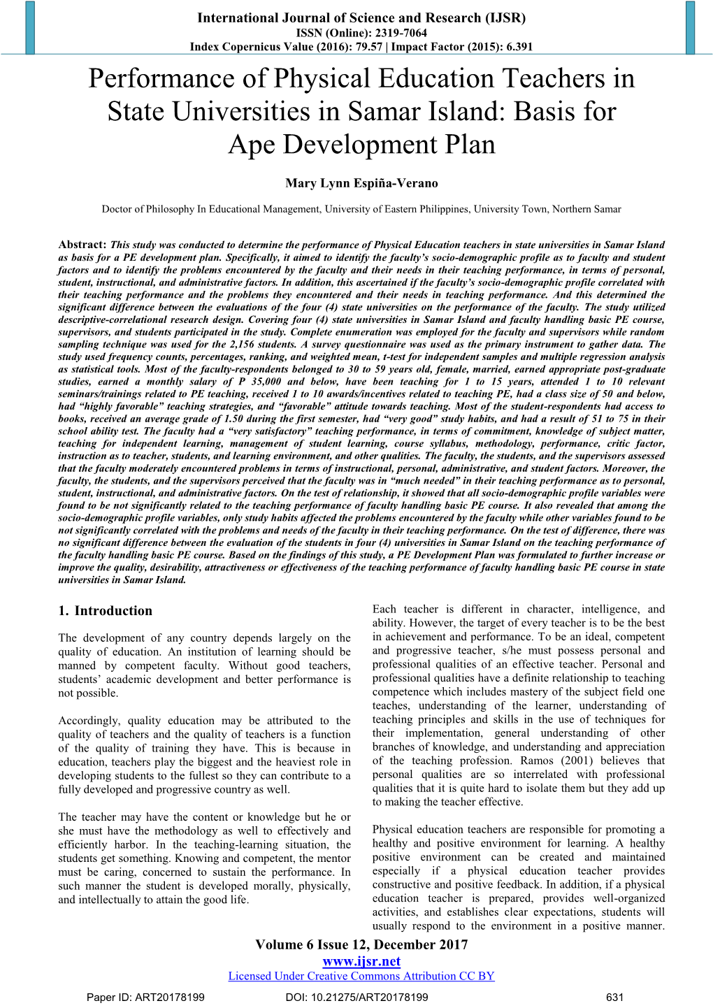 Performance of Physical Education Teachers in State Universities in Samar Island: Basis for Ape Development Plan