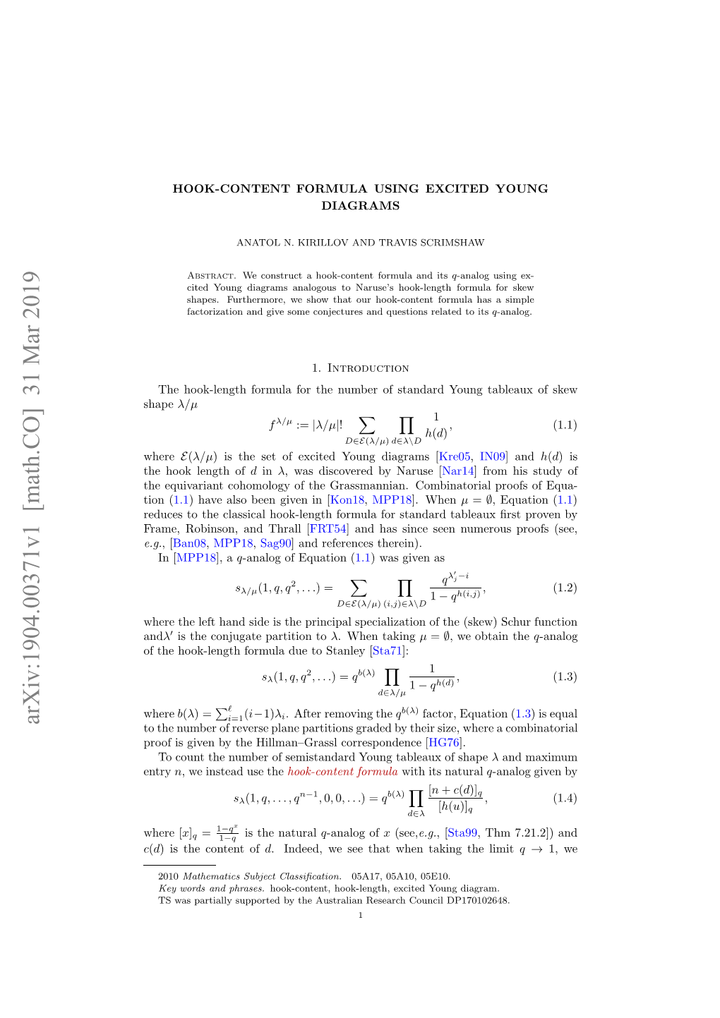 Arxiv:1904.00371V1 [Math.CO] 31 Mar 2019 Shape H Oklnt of Length Hook the E.G