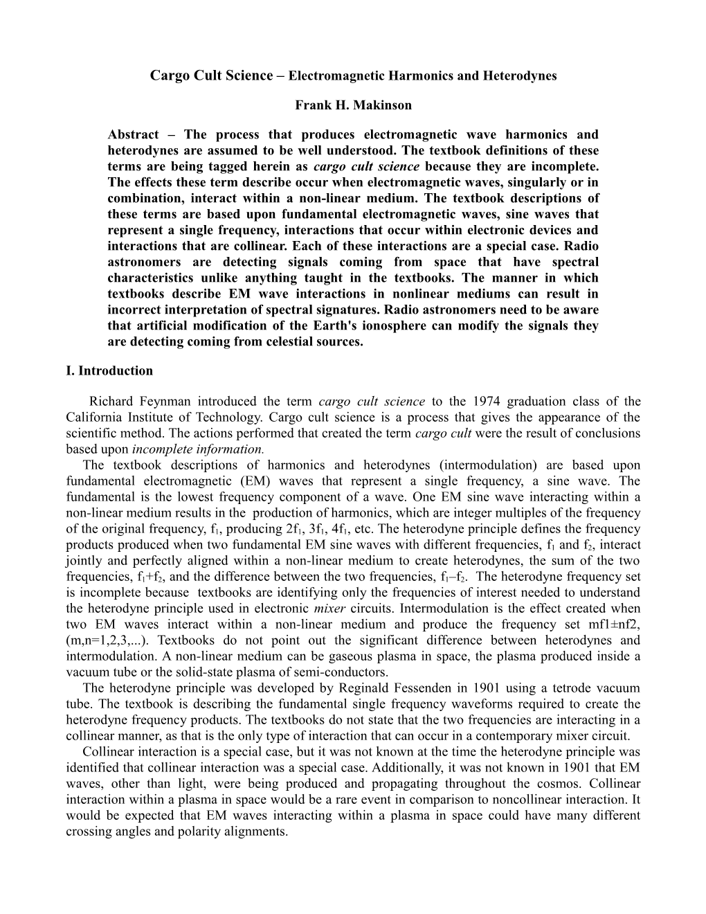 Electromagnetic Harmonics and Heterodynes Frank H. Makinson