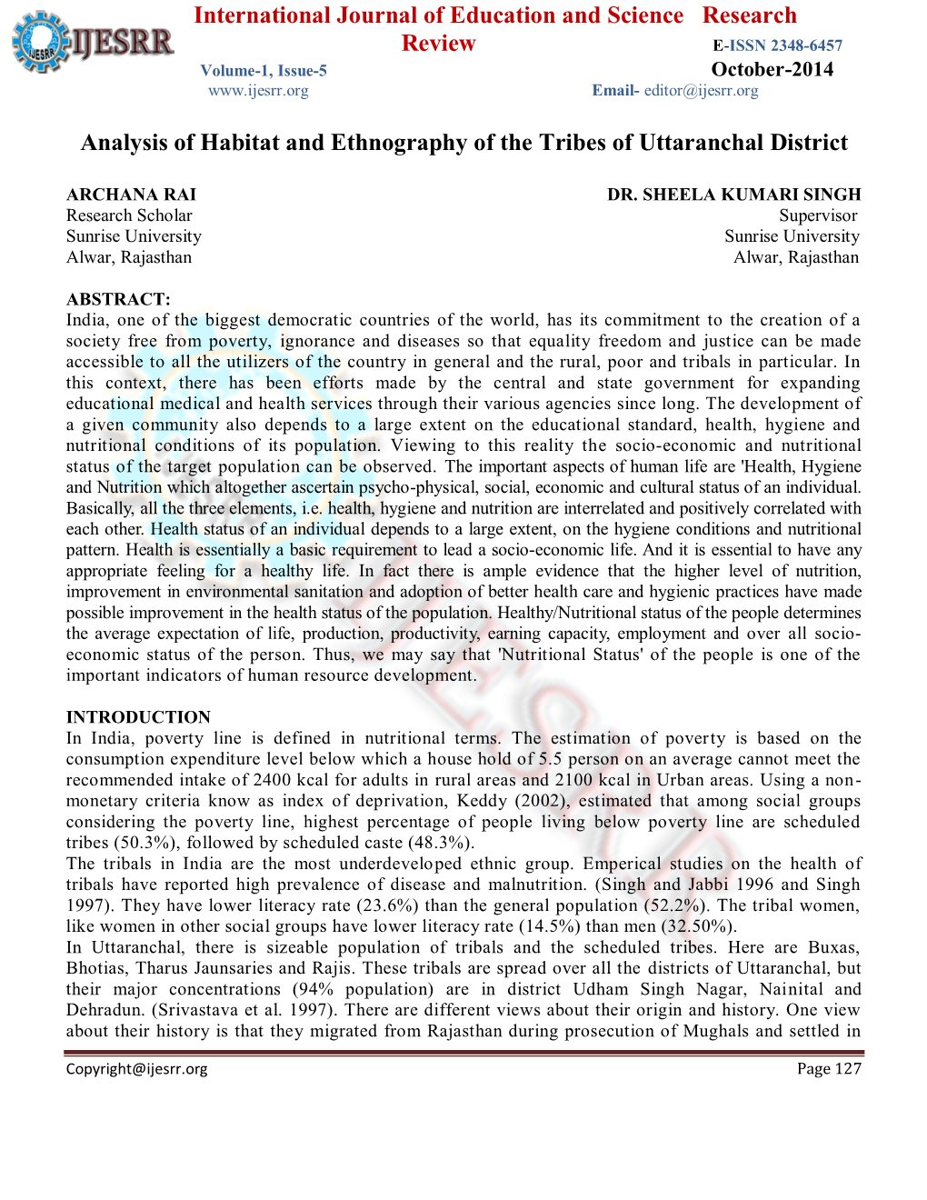 Demography, Habitat and Ethnography of the Tribes Of