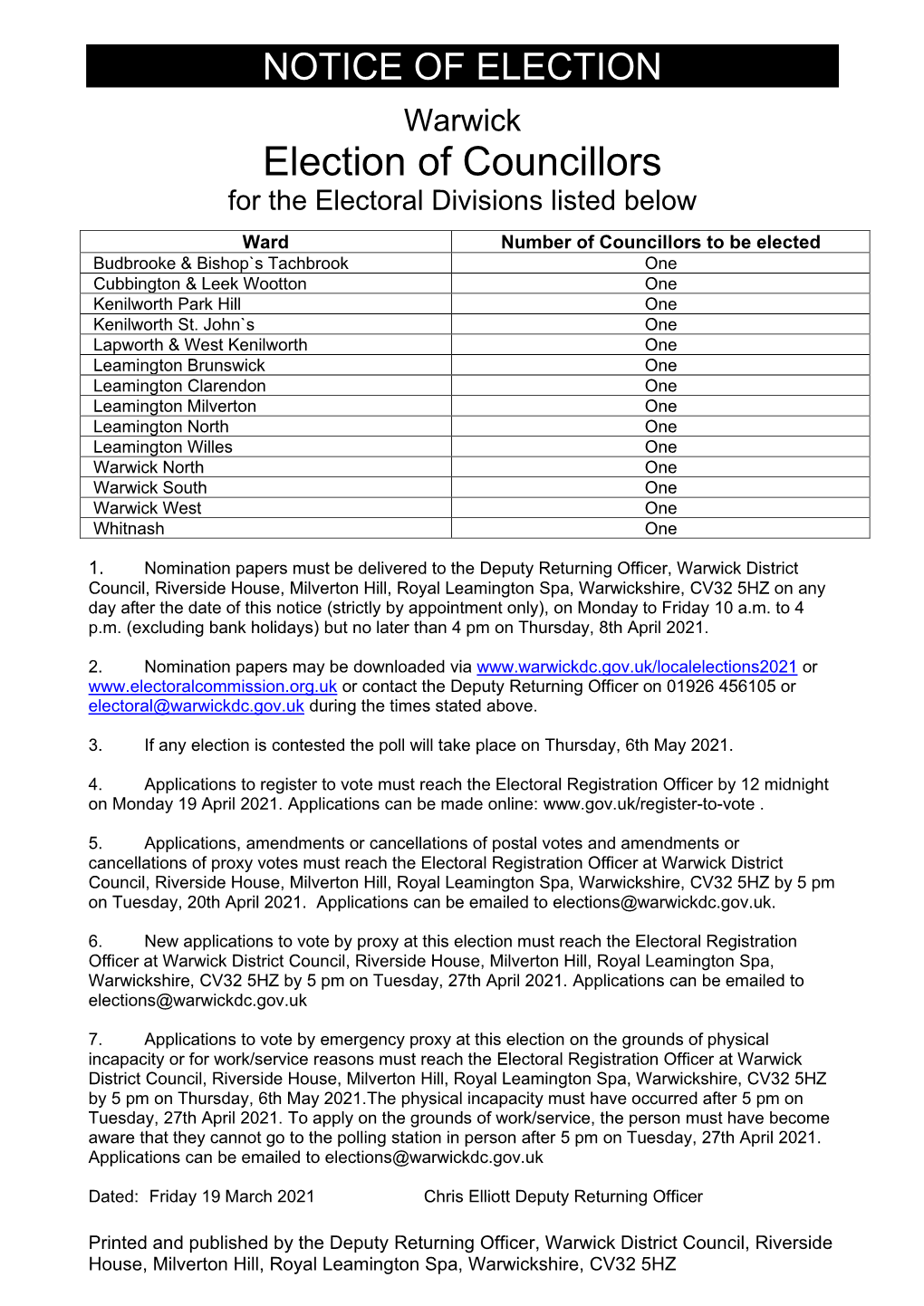 Election of Councillors for the Electoral Divisions Listed Below