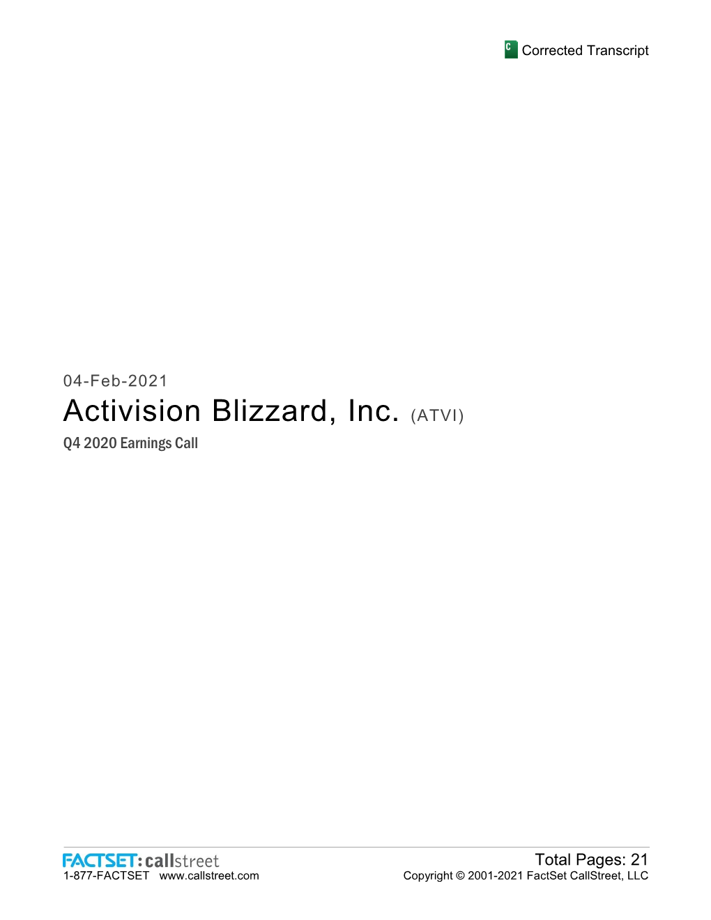 Activision Blizzard, Inc. (ATVI) Q4 2020 Earnings Call